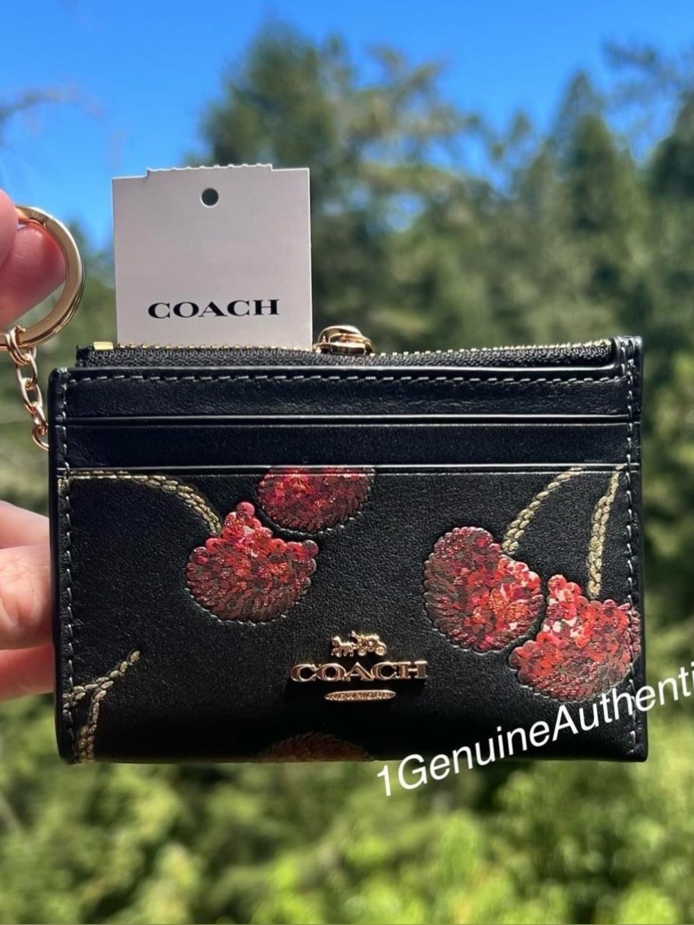 COACH Mini Skinny Id Case Leather Cardholder Wallet w Cherry Print NWT AUTHENTIC